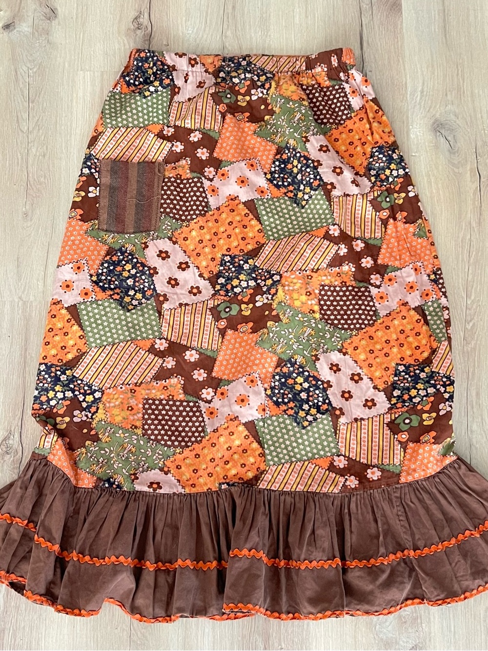 Patchwork Floral Midi Skirt in Brown and Orange